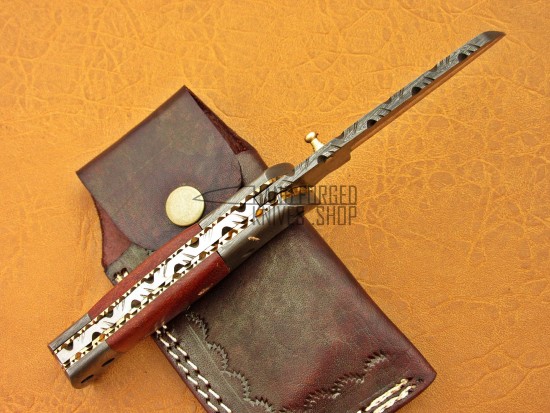 Damascus Tanto Blade Folding Knife, 8" Damascus Bolster, Red Micarta Handle