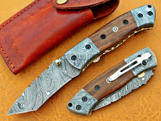 Damascus Tanto Blade Pocket Clip Folding Knife, 8" Damascus Steel Bolster Tanto Blade, Walnut Wood  Handle, Pocket Knife, Razor Sharp