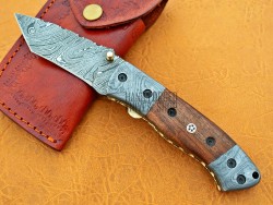 Damascus Tanto Blade Pocket Clip Folding Knife, 8" Damascus Steel Bolster Tanto Blade, Walnut Wood  Handle, Pocket Knife, Razor Sharp