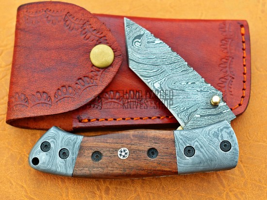 Damascus Tanto Blade Pocket Clip Folding Knife, 8" Damascus Steel Bolster Tanto Blade, Walnut Wood  Handle, Pocket Knife, Razor Sharp