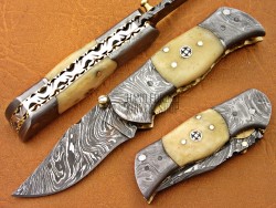 Damascus Steel Blade Folding Knife, 6" Damascus Steel Bolster Point Blade, Camel Bone Handle, Pocket Knife, Razor Sharp
