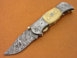 Damascus Steel Blade Folding Knife, 6" Damascus Steel Bolster Point Blade, Camel Bone Handle, Pocket Knife, Razor Sharp