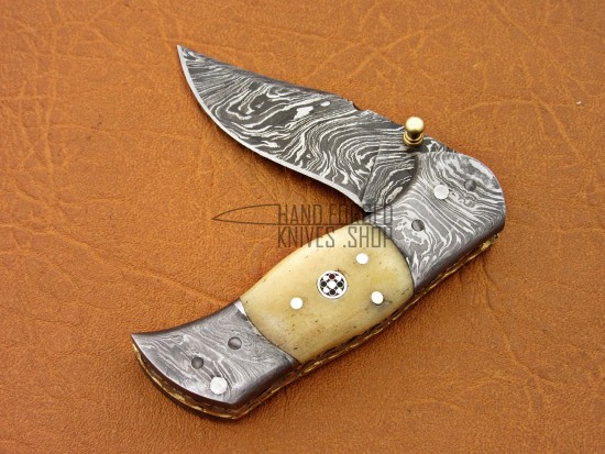 Damascus Steel Blade Folding Knife, 6" Damascus Steel Bolster Point Blade, Camel Bone Handle, Pocket Knife, Razor Sharp
