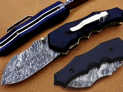 Damascus Steel Blade Pocket Clip Folding Knife, 6.5" Buffalo Horn Handle, Pocket Knife, Razor Sharp