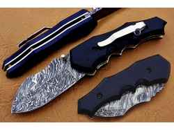 Damascus Steel Blade Pocket Clip Folding Knife, 6.5" Buffalo Horn Handle, Pocket Knife, Razor Sharp