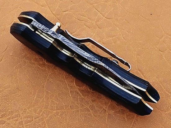 Damascus Steel Blade Pocket Clip Folding Knife, 6.5" Buffalo Horn Handle, Pocket Knife, Razor Sharp