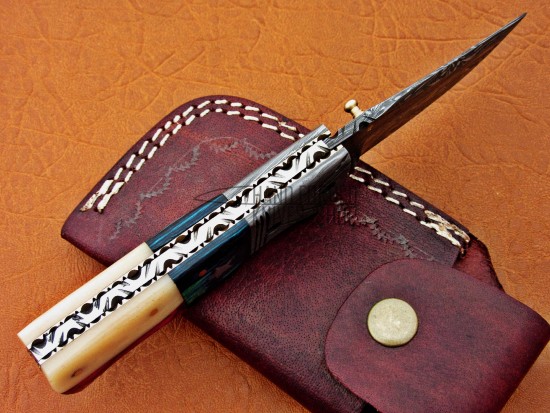 Damascus  Blade Folding Knife, 7.5" Damascus Steel Bolster Point Blade, Camel Bone, Red And Blue Micarta Sheet Handle, Pocket Knife, Razor Sharp