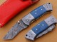 Damascus Tanto Blade Folding Knife, 6.5" Damascus Steel Bolster Point Blade, Blue Color Bone Handle, Pocket Knife, Razor Sharp