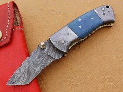 Damascus Tanto Blade Folding Knife, 6.5" Damascus Steel Bolster Point Blade, Blue Color Bone Handle, Pocket Knife, Razor Sharp