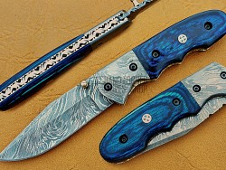 Damascus Blade Pocket Clip Folding Knife, 7.5" Damascus Steel Bolster Bowie Clip, Blue Micarta Sheet Handle, Pocket Knife, Razor Sharp