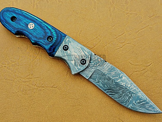 Damascus Blade Pocket Clip Folding Knife, 7.5" Damascus Steel Bolster Bowie Clip, Blue Micarta Sheet Handle, Pocket Knife, Razor Sharp