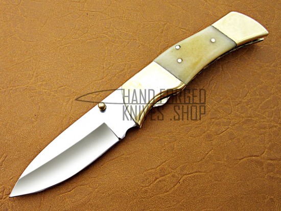Custom Handmade Folding Knife, 7.5" D2 Steel Brass Bolster, Razor Sharp, Camel Bone  Handle