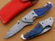 Damascus Blade Folding Knife, 7" Blue Black Resin Handle, Pocket Knife, Razor Sharp, Bottle Opener