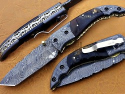 Damascus Tanto Blade Pocket Clip Folding Knife, 8" Damascus Steel Bolster Tanto Blade, Goat/Ram Horn Handle, Pocket Knife, Razor Sharp