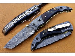 Damascus Tanto Blade Pocket Clip Folding Knife, 8" Damascus Steel Bolster Tanto Blade, Goat/Ram Horn Handle, Pocket Knife, Razor Sharp