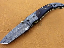 Damascus Tanto Blade Pocket Clip Folding Knife, 8" Damascus Steel Bolster Tanto Blade, Goat/Ram Horn Handle, Pocket Knife, Razor Sharp
