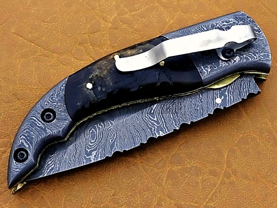 Damascus Tanto Blade Pocket Clip Folding Knife, 8" Damascus Steel Bolster Tanto Blade, Goat/Ram Horn Handle, Pocket Knife, Razor Sharp