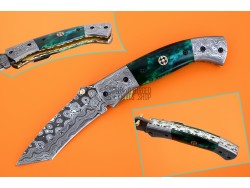 Damascus Tanto Blade Pocket Clip Folding Knife, 8" Damascus Steel Bolster Tanto Blade, Green Color Bone Handle, Pocket Knife, Razor Sharp