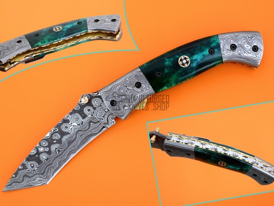 Damascus Tanto Blade Pocket Clip Folding Knife, 8" Damascus Steel Bolster Tanto Blade, Green Color Bone Handle, Pocket Knife, Razor Sharp