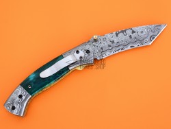 Damascus Tanto Blade Pocket Clip Folding Knife, 8" Damascus Steel Bolster Tanto Blade, Green Color Bone Handle, Pocket Knife, Razor Sharp