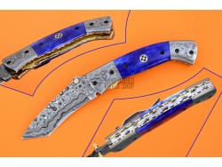 Damascus Tanto Blade Pocket Clip Folding Knife, 8" Damascus Steel Bolster Tanto Blade, Blue Color Bone Handle, Pocket Knife, Razor Sharp