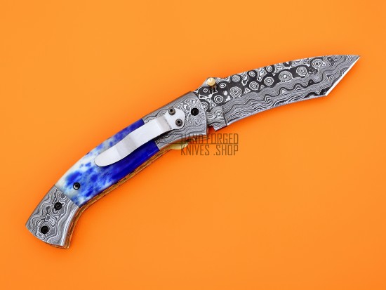 Damascus Tanto Blade Pocket Clip Folding Knife, 8" Damascus Steel Bolster Tanto Blade, Blue Color Bone Handle, Pocket Knife, Razor Sharp
