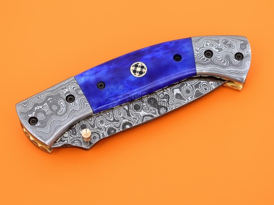Damascus Tanto Blade Pocket Clip Folding Knife, 8" Damascus Steel Bolster Tanto Blade, Blue Color Bone Handle, Pocket Knife, Razor Sharp