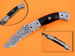 Damascus Tanto Blade Pocket Clip Folding Knife, 8" Damascus Steel Bolster Tanto Blade, Buffalo Horn Handle, Pocket Knife, Razor Sharp