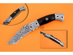 Damascus Tanto Blade Pocket Clip Folding Knife, 8" Damascus Steel Bolster Tanto Blade, Buffalo Horn Handle, Pocket Knife, Razor Sharp