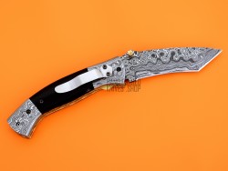 Damascus Tanto Blade Pocket Clip Folding Knife, 8" Damascus Steel Bolster Tanto Blade, Buffalo Horn Handle, Pocket Knife, Razor Sharp