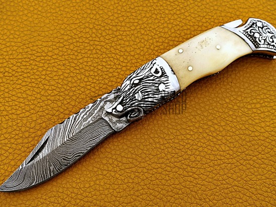 Damascus Back Lock Folding Knife, 7.5" Steel Bolster Point Blade, Camel Bone Handle, Pocket Knife, Razor Sharp