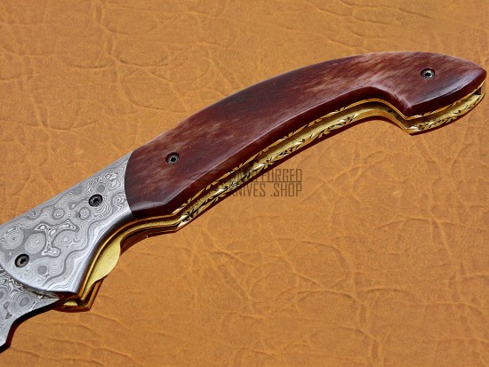 Damascus Folding Knife, 7.5" Damascus Steel Bolster Point Blade, Brown Color Bone  Handle, Pocket Knife, Razor Sharp