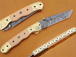 Damascus Folding Knife, 8.5" Handwork Brass Bolster Tanto Blade, G10 Skin Color Handle, Pocket Knife, Razor Sharp