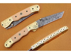 Damascus Folding Knife, 8.5" Handwork Brass Bolster Tanto Blade, G10 Skin Color Handle, Pocket Knife, Razor Sharp