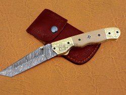 Damascus Folding Knife, 8.5" Handwork Brass Bolster Tanto Blade, G10 Skin Color Handle, Pocket Knife, Razor Sharp