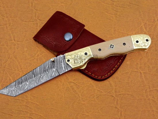 Damascus Folding Knife, 8.5" Handwork Brass Bolster Tanto Blade, G10 Skin Color Handle, Pocket Knife, Razor Sharp