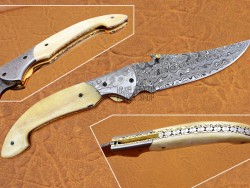 Damascus Folding Knife, 7.5" Damascus Steel Bolster Point Blade, Camel Bone  Handle, Pocket Knife, Razor Sharp