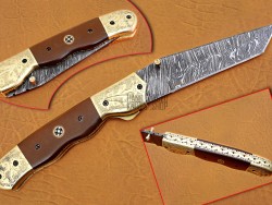 Damascus Folding Knife, 8.5" Handwork Brass Bolster Tanto Blade, Brown Micarta Handle, Pocket Knife, Razor Sharp