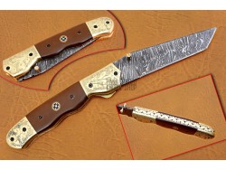 Damascus Folding Knife, 8.5" Handwork Brass Bolster Tanto Blade, Brown Micarta Handle, Pocket Knife, Razor Sharp