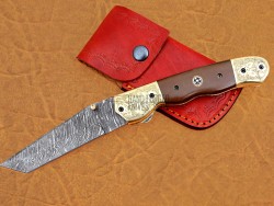 Damascus Folding Knife, 8.5" Handwork Brass Bolster Tanto Blade, Brown Micarta Handle, Pocket Knife, Razor Sharp