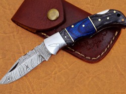 Damascus Back Lock Folding Knife, 6.5" Steel Bolster Point Blade, Blue And Black Micarta Handle, Pocket Knife, Razor Sharp