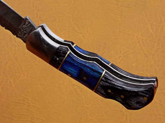 Damascus Back Lock Folding Knife, 6.5" Steel Bolster Point Blade, Blue And Black Micarta Handle, Pocket Knife, Razor Sharp