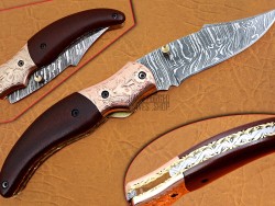 Damascus Folding Knife, 7.5" Brass Bolster Point Blade, Brown Micarta Handle, Pocket Knife, Razor Sharp