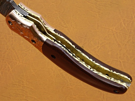 Damascus Folding Knife, 7.5" Brass Bolster Point Blade, Brown Micarta Handle, Pocket Knife, Razor Sharp