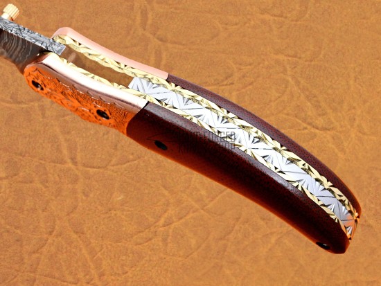 Damascus Folding Knife, 7.5" Brass Bolster Point Blade, Brown Micarta Handle, Pocket Knife, Razor Sharp
