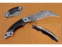 Damascus Karambit Folding Knife, 8.5" Damascus Steel Bolster Point Blade, Buffalo Horn  Handle, Pocket Knife, Razor Sharp