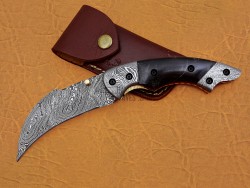 Damascus Karambit Folding Knife, 8.5" Damascus Steel Bolster Point Blade, Buffalo Horn  Handle, Pocket Knife, Razor Sharp