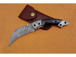 Damascus Karambit Folding Knife, 8.5" Damascus Steel Bolster Point Blade, Buffalo Horn  Handle, Pocket Knife, Razor Sharp