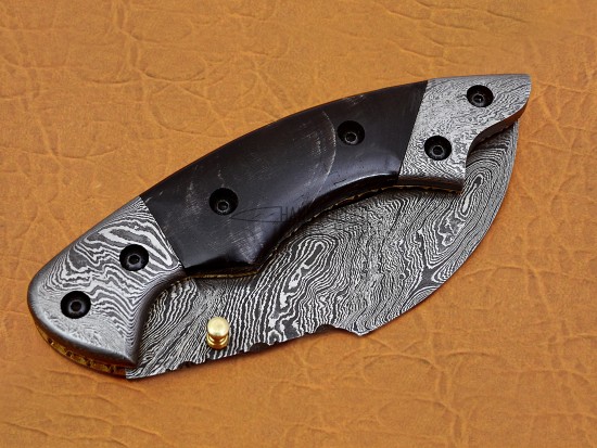 Damascus Karambit Folding Knife, 8.5" Damascus Steel Bolster Point Blade, Buffalo Horn  Handle, Pocket Knife, Razor Sharp