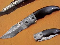 Damascus Folding Knife, 6.5" Damascus Steel Bolster Point Blade, Buffalo Horn Handle, Pocket Knife, Razor Sharp